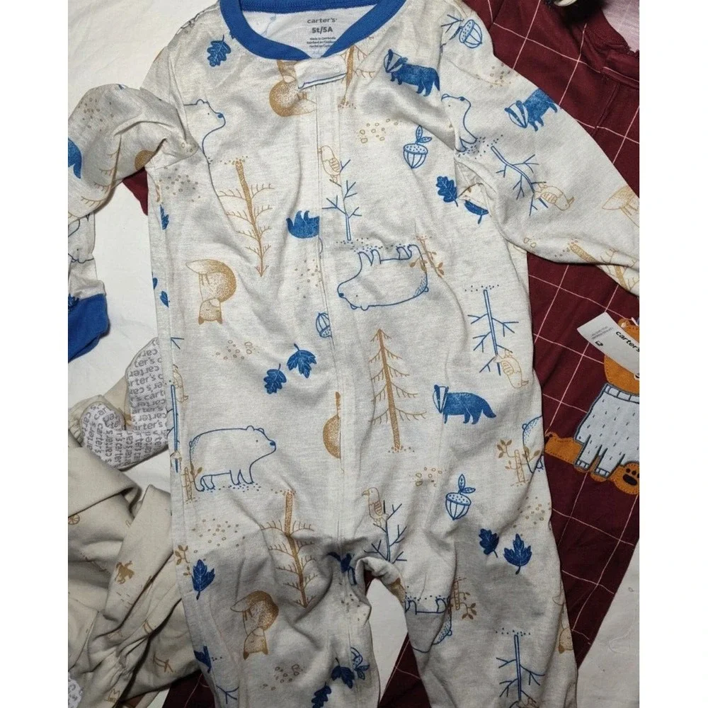 Carter's 5T Boys Footed Pajama Sleeper Lot 3pc Bull Bear Forest Cotton Polyester